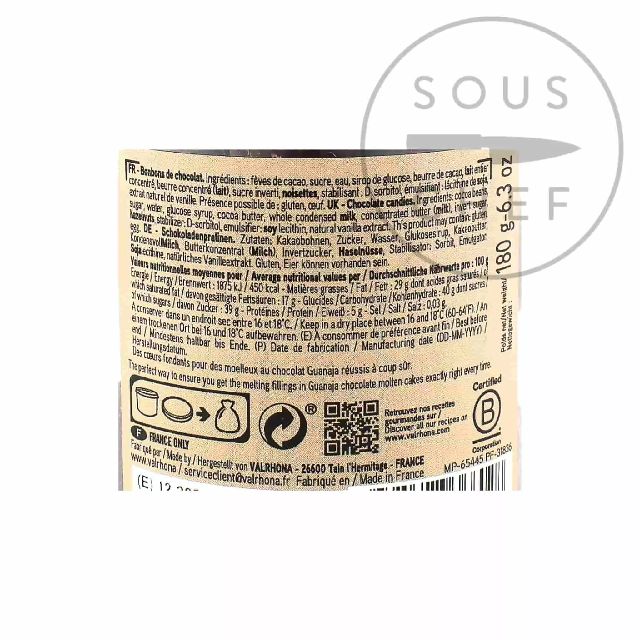 Valrhona Etnao Guanaja Chocolate Cores 180g Ingredients 4 Valrhona Etnao Guanaja Chocolate Cores 180g Ingredients