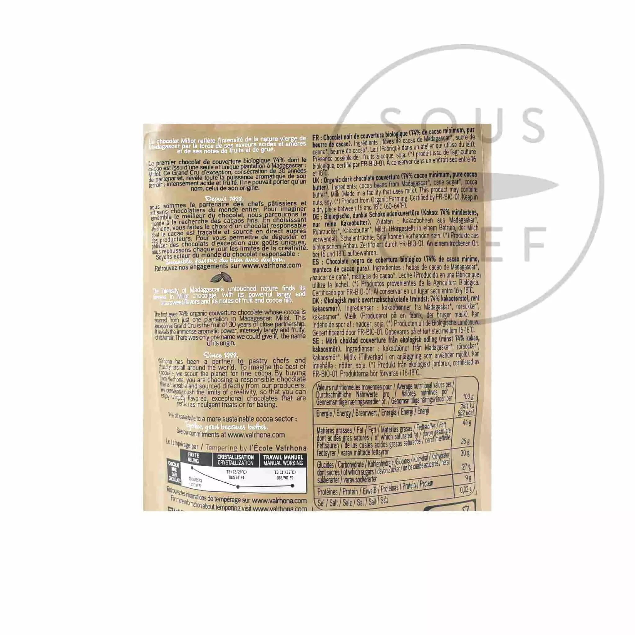 Ingredients Valrhona Millot 74% 'Pure' Single Origin Organic Chocolate Couverture 250g 4 Ingredients Valrhona Millot 74% 'Pure' Single Origin Organic Chocolate Couverture 250g