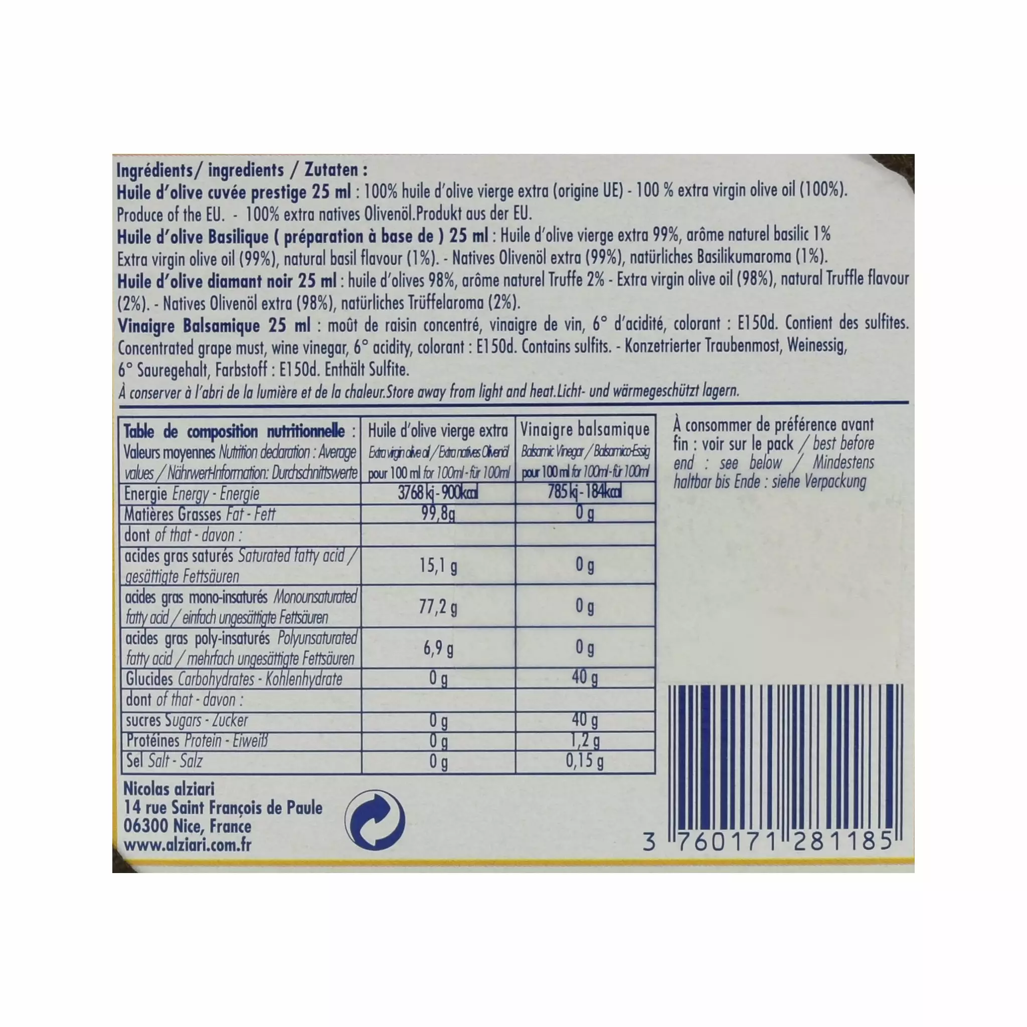 Nicolas Alziari Ingredients Alziari Mini Olive Oil & Vinegar Sampler 4 X 25ml 4 Nicolas Alziari Ingredients Alziari Mini Olive Oil & Vinegar Sampler 4 X 25ml