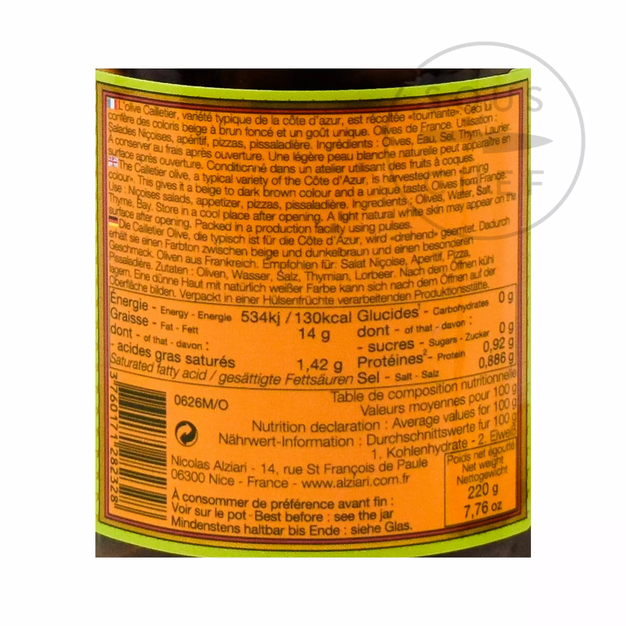 Nicolas Alziari Small Cailletier Olives From Cote D'Azur 220g Ingredients 6 Nicolas Alziari Small Cailletier Olives From Cote D'Azur 220g Ingredients