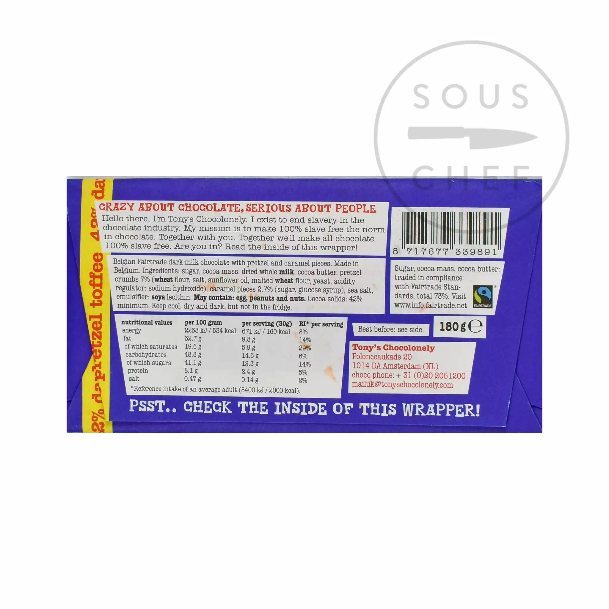 Tony's Chocolonely Dark Milk Chocolate, Pretzel & Toffee 180g 4 Tony's Chocolonely Dark Milk Chocolate, Pretzel & Toffee 180g