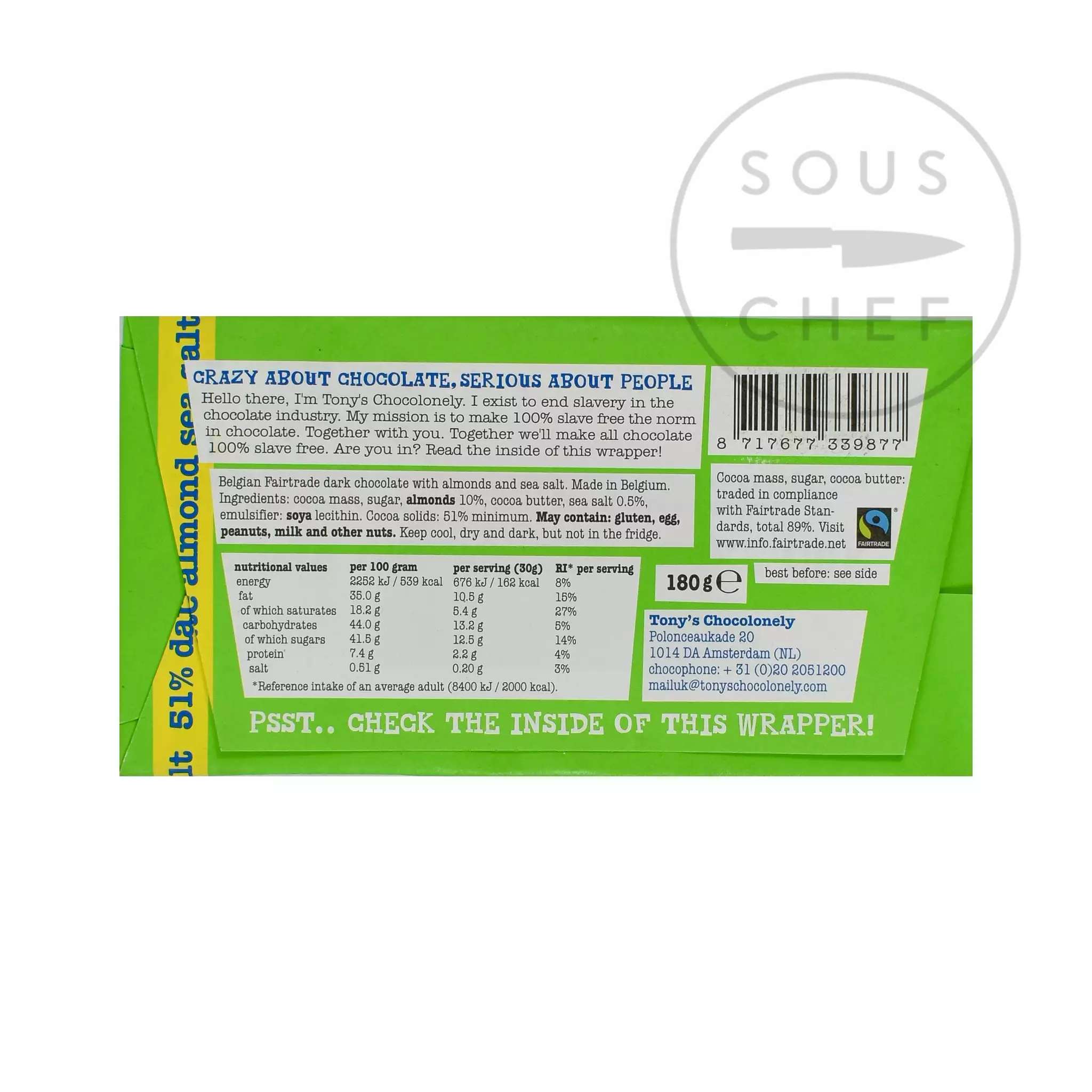 Tony's Chocolonely Dark Chocolate Almonds & Sea Salt 180g Ingredients 5 Tony's Chocolonely Dark Chocolate Almonds & Sea Salt 180g Ingredients