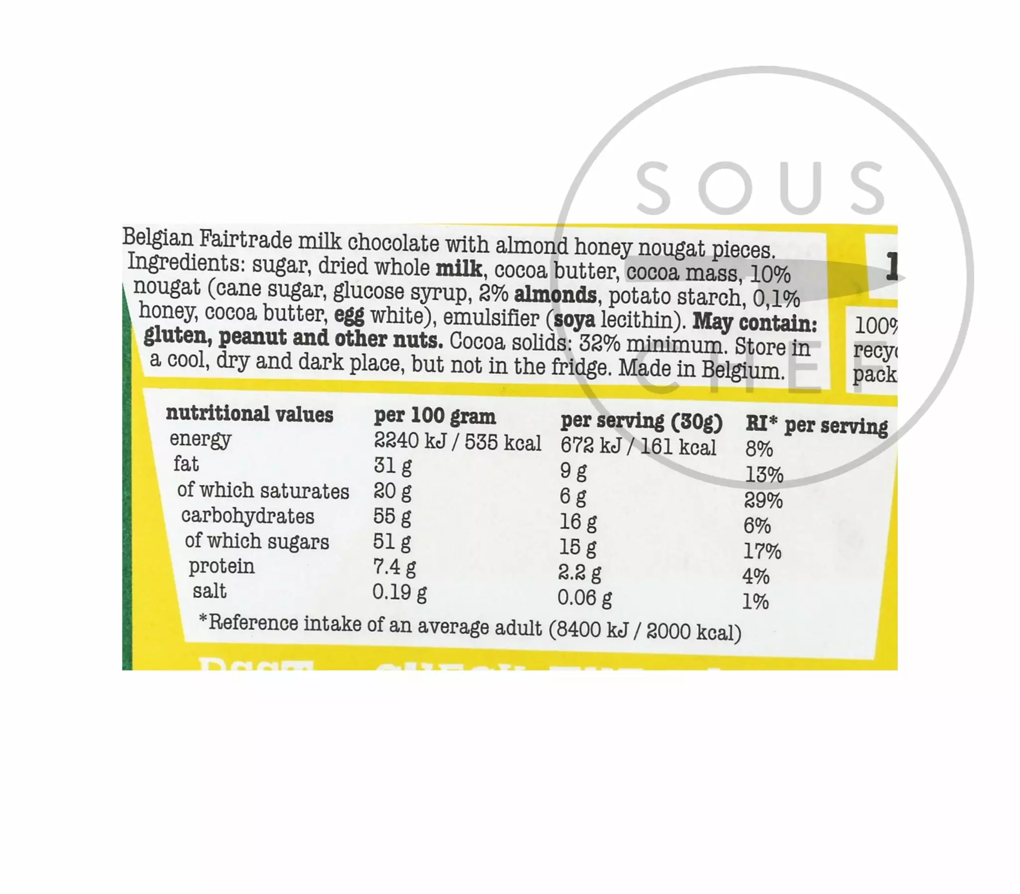 Tony's Chocolonely Milk Chocolate With Almond, Honey & Nougat 180g Ingredients 4 Tony's Chocolonely Milk Chocolate With Almond, Honey & Nougat 180g Ingredients