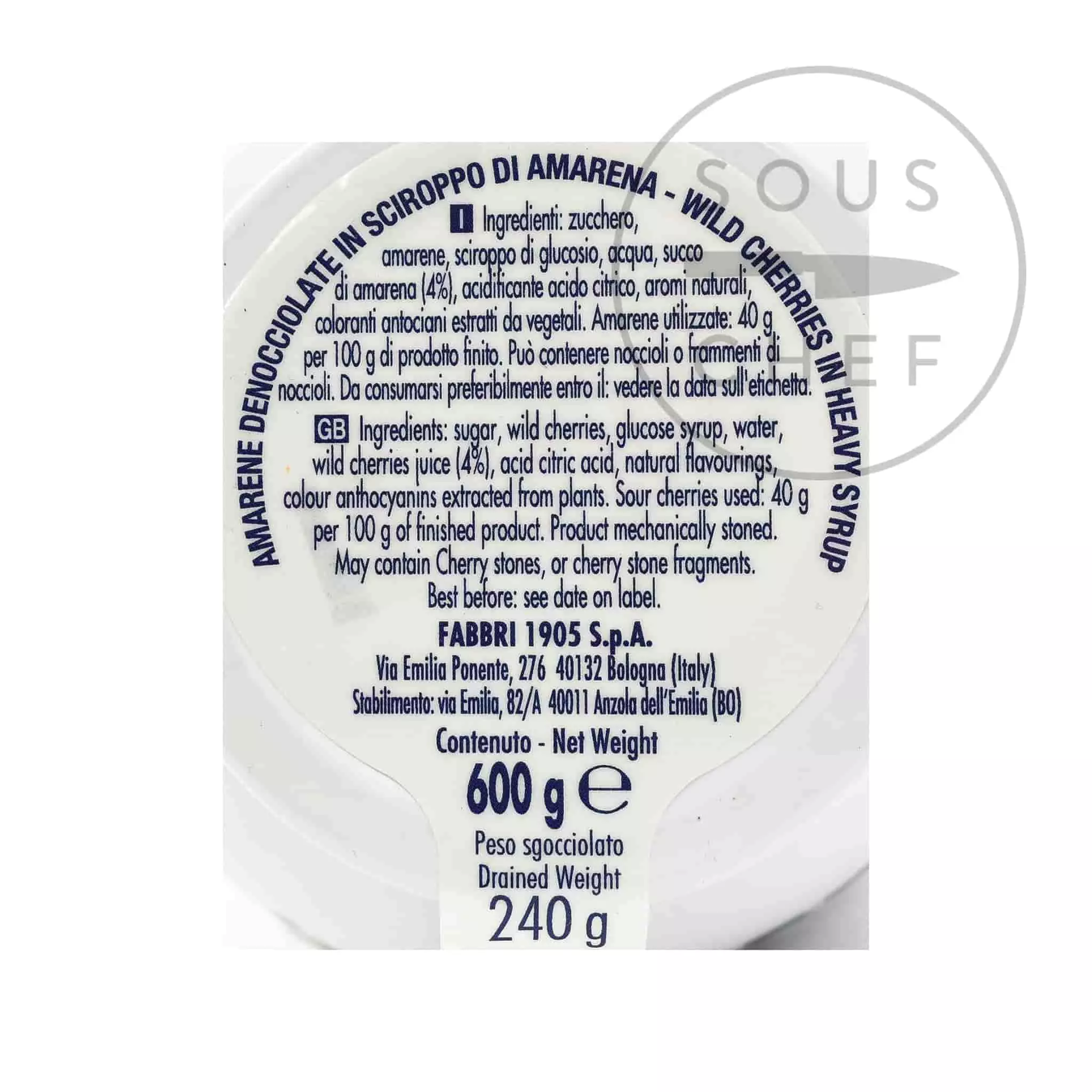 Fabbri Amarena Cherries In Syrup - Opaline Jar 600g Ingredients 4 Fabbri Amarena Cherries In Syrup - Opaline Jar 600g Ingredients