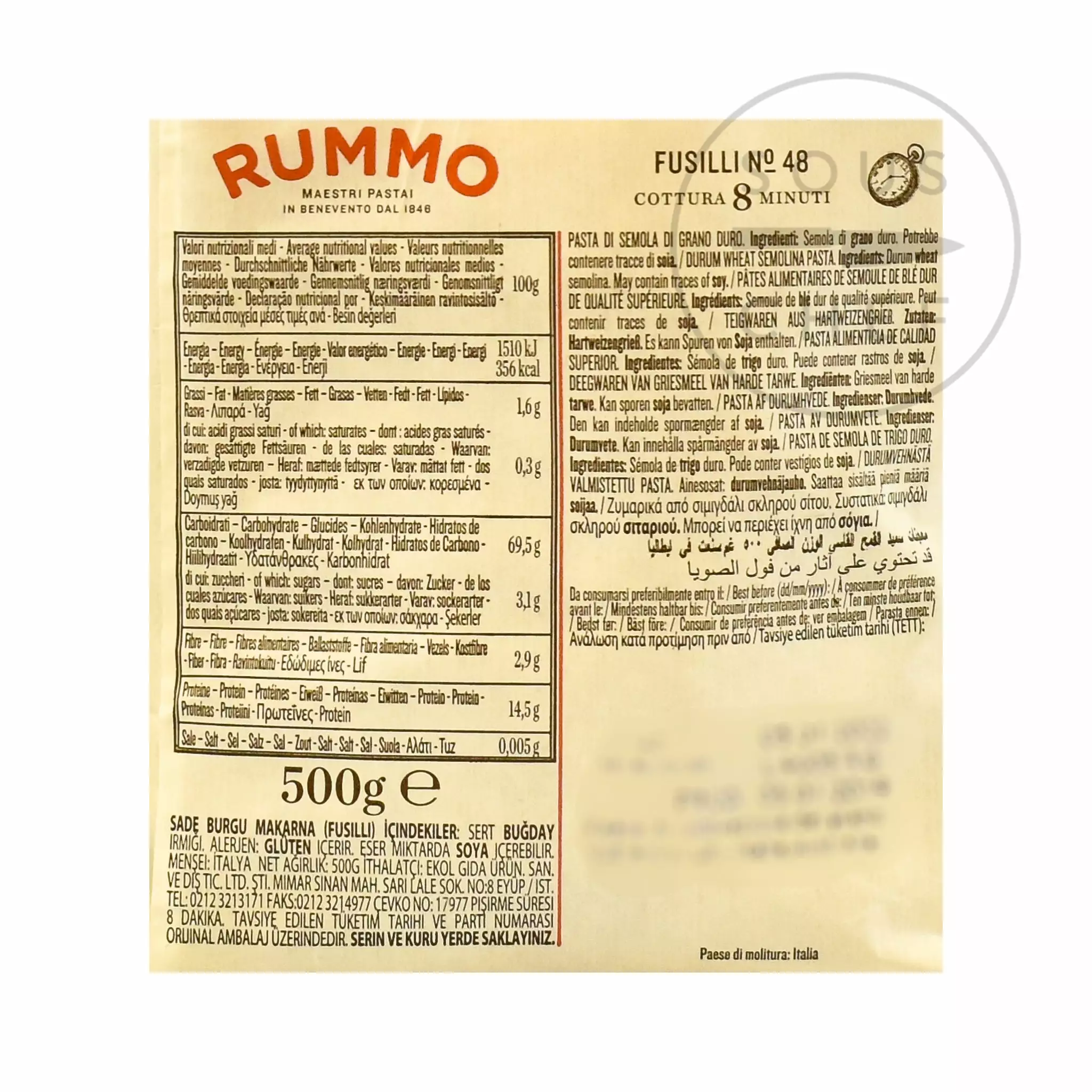 Ingredients Rummo Fusilli 500g 4 Ingredients Rummo Fusilli 500g