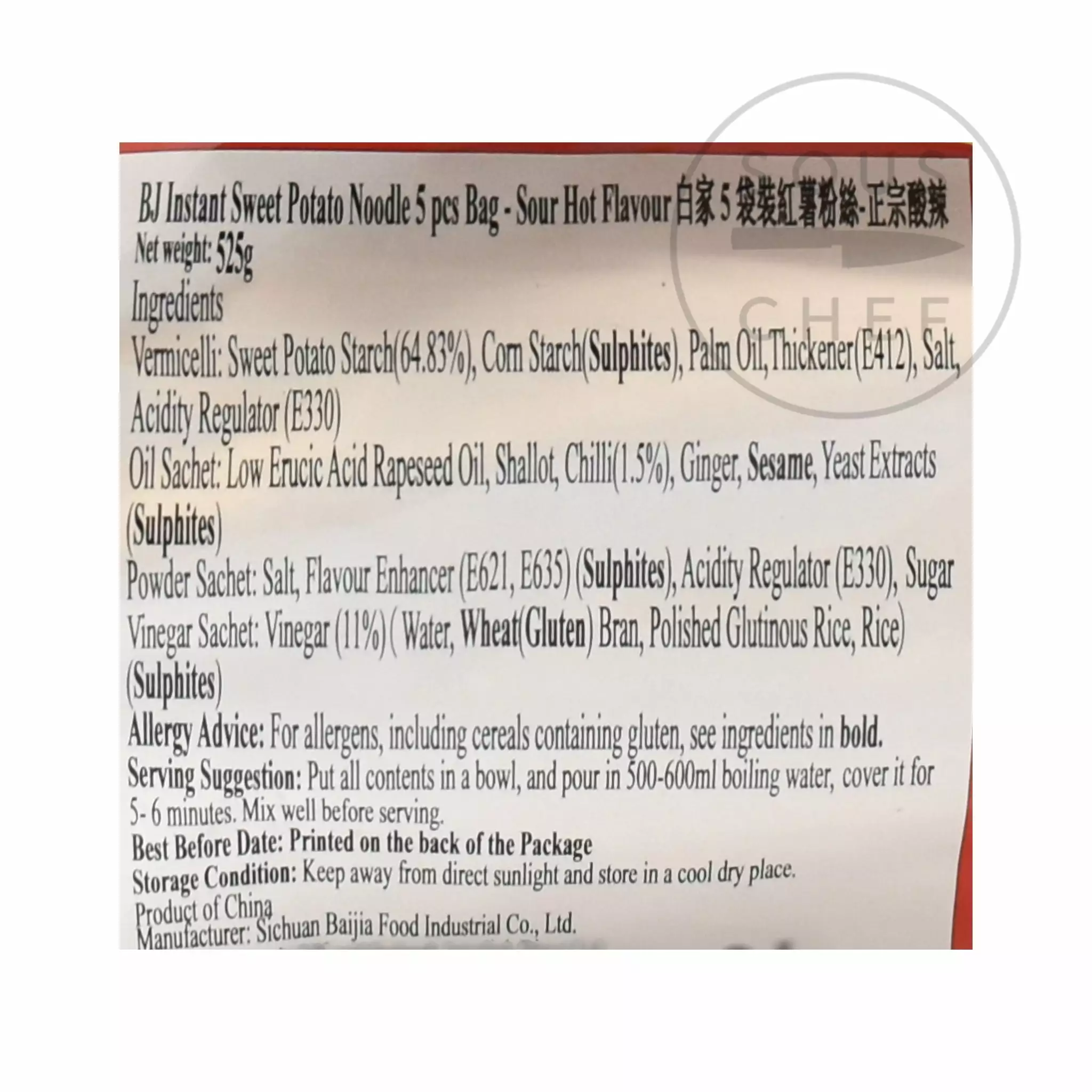 BJ Instant Potato Vermicelli Noodles - Sour Hot 5 Packs 525g Ingredients 4 BJ Instant Potato Vermicelli Noodles - Sour Hot 5 Packs 525g Ingredients