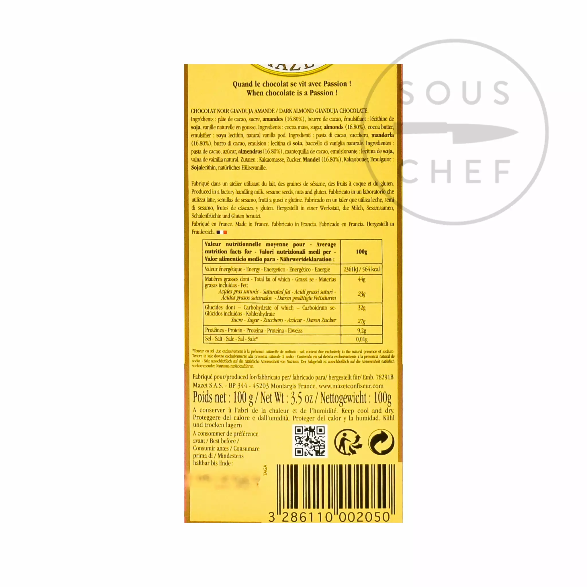 Ingredients Mazet De Montargis Dark Chocolate With Almond 100g 4 Ingredients Mazet De Montargis Dark Chocolate With Almond 100g