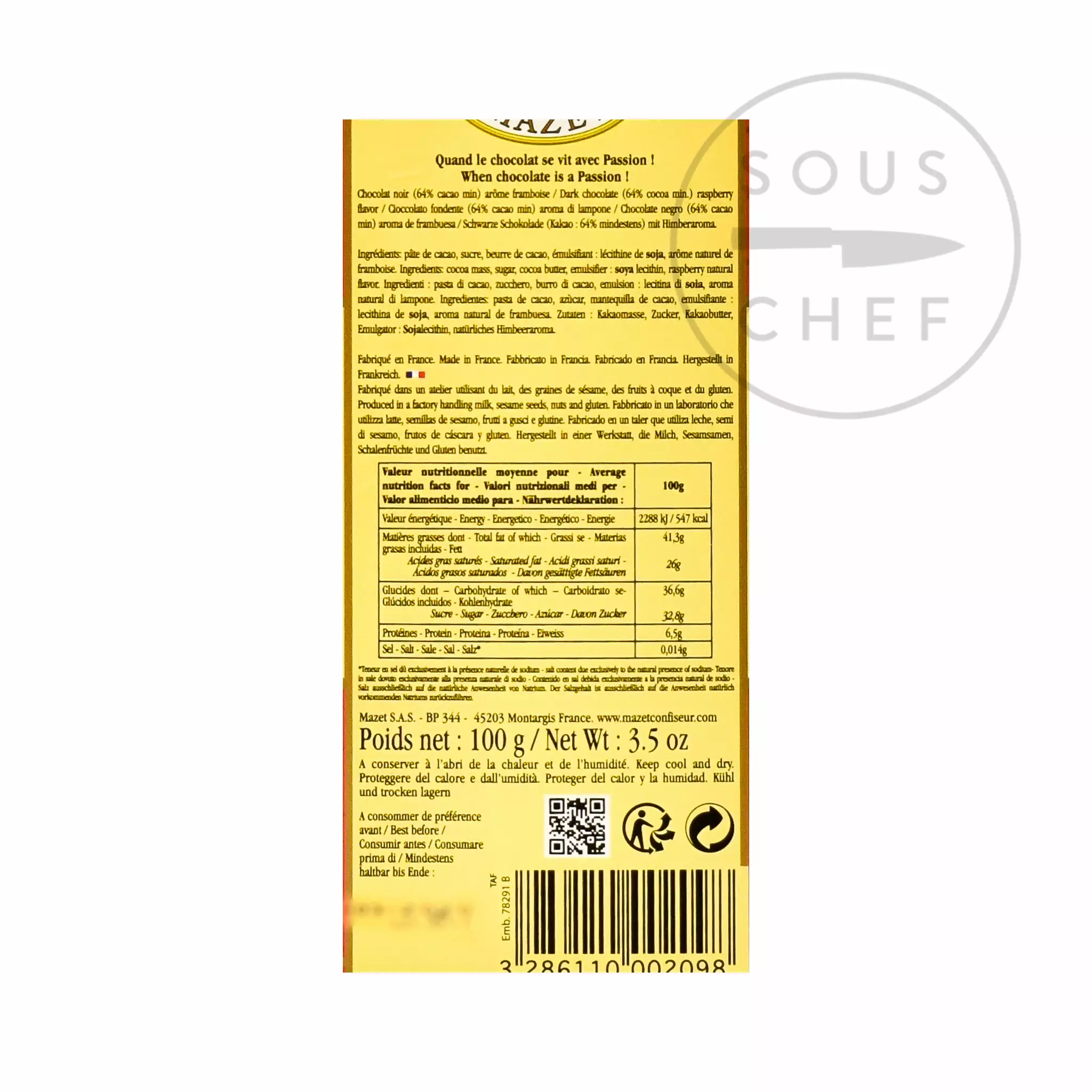 Mazet De Montargis Dark Chocolate With Raspberry 100g Ingredients 4 Mazet De Montargis Dark Chocolate With Raspberry 100g Ingredients