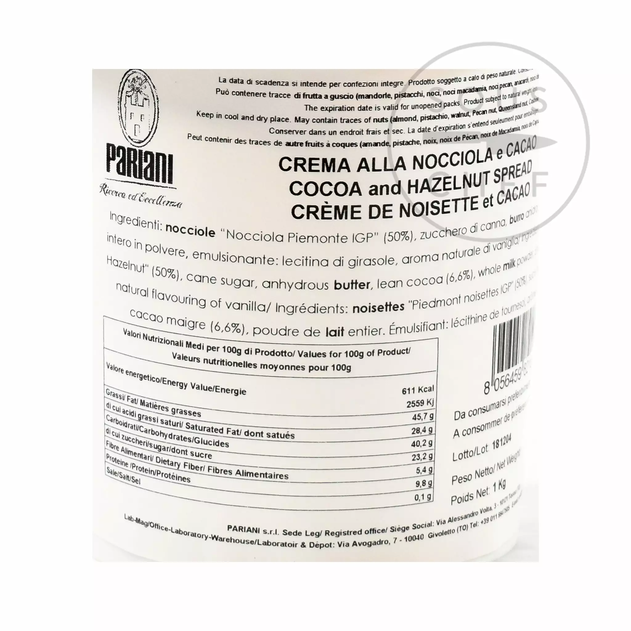Pariani Italian Hazelnut Gianduja Paste 1kg Ingredients 5 Pariani Italian Hazelnut Gianduja Paste 1kg Ingredients