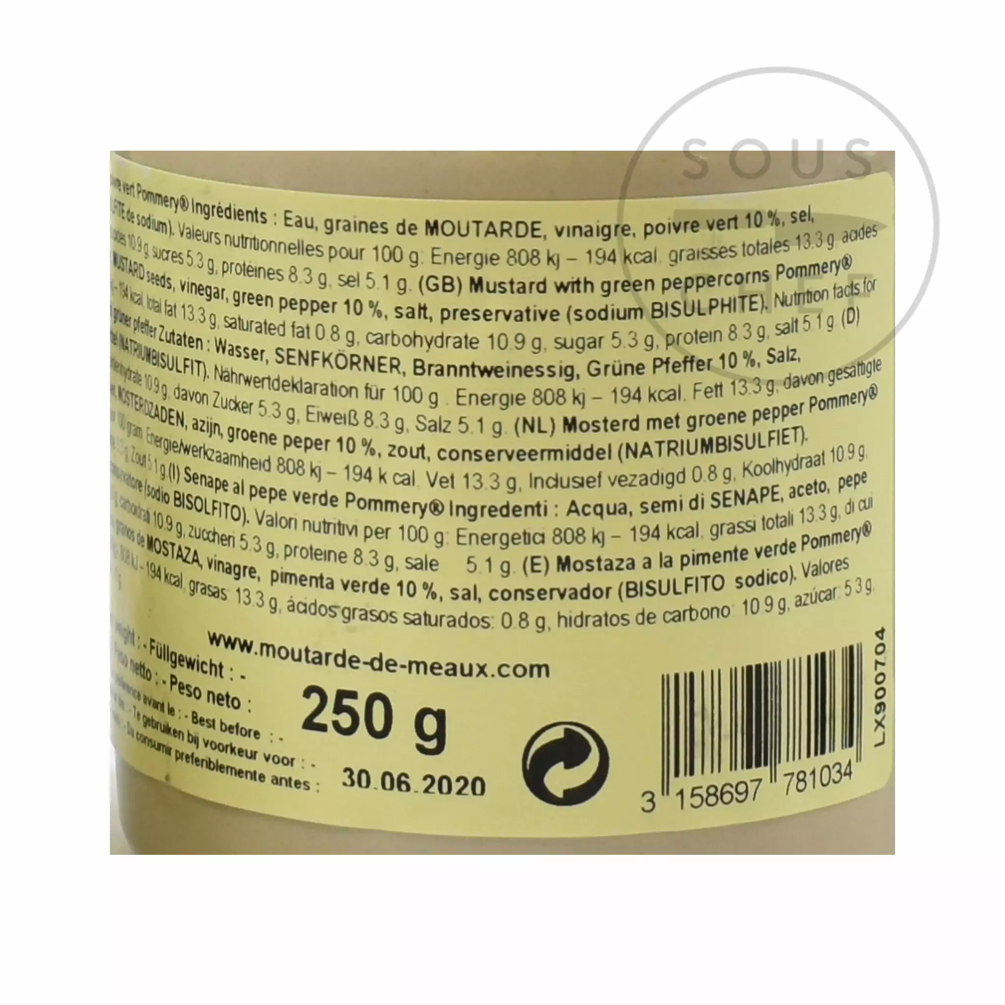 Ingredients Pommery Green Peppercorn Mustard 250g 4 Ingredients Pommery Green Peppercorn Mustard 250g