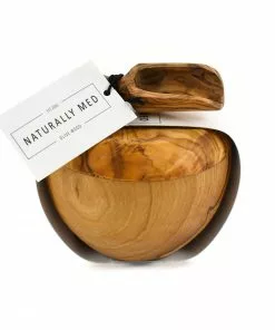 Naturally Med Olive Wood Salt Pot And Scoop Set Tableware