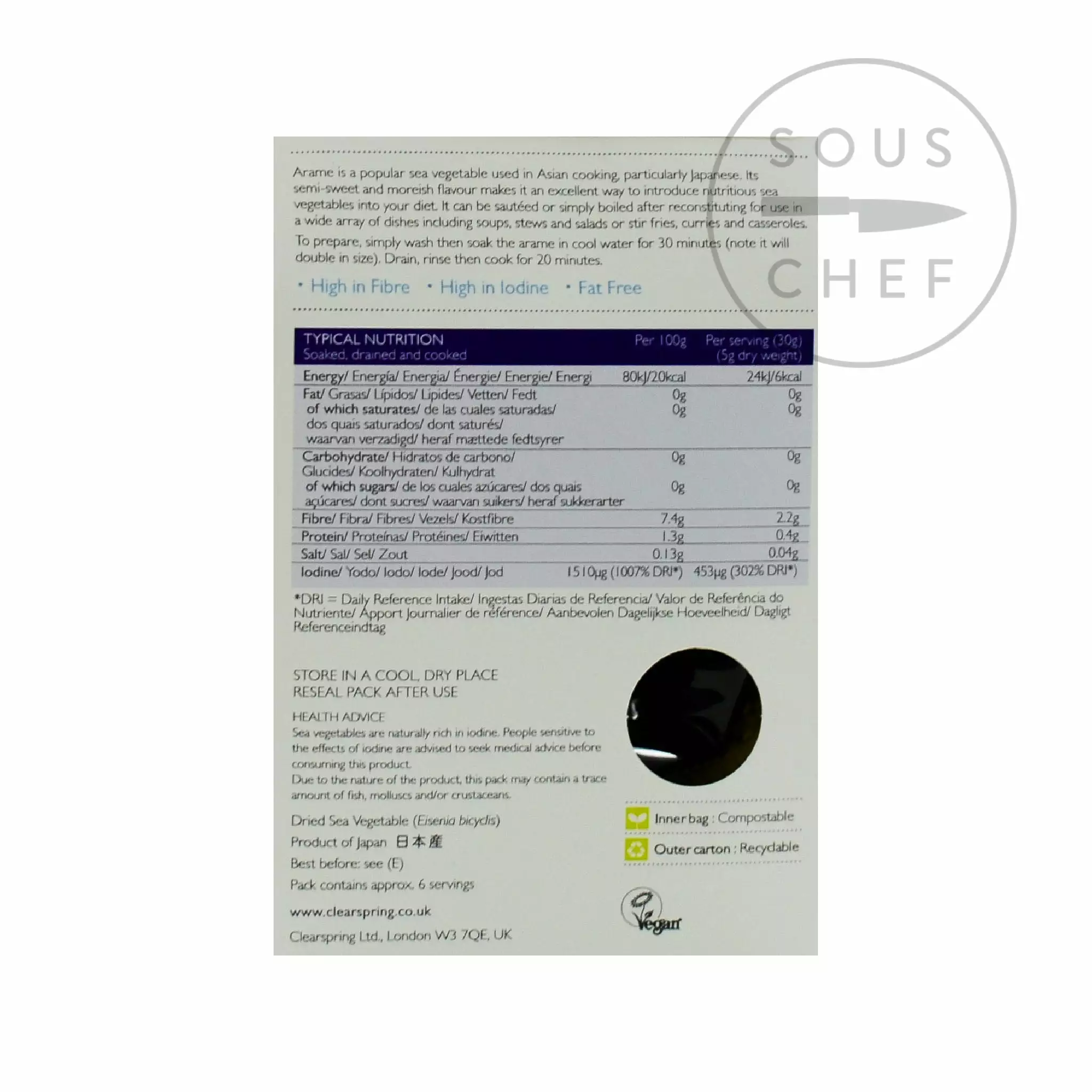 Clearspring Arame Seaweed 30g Ingredients 5 Clearspring Arame Seaweed 30g Ingredients