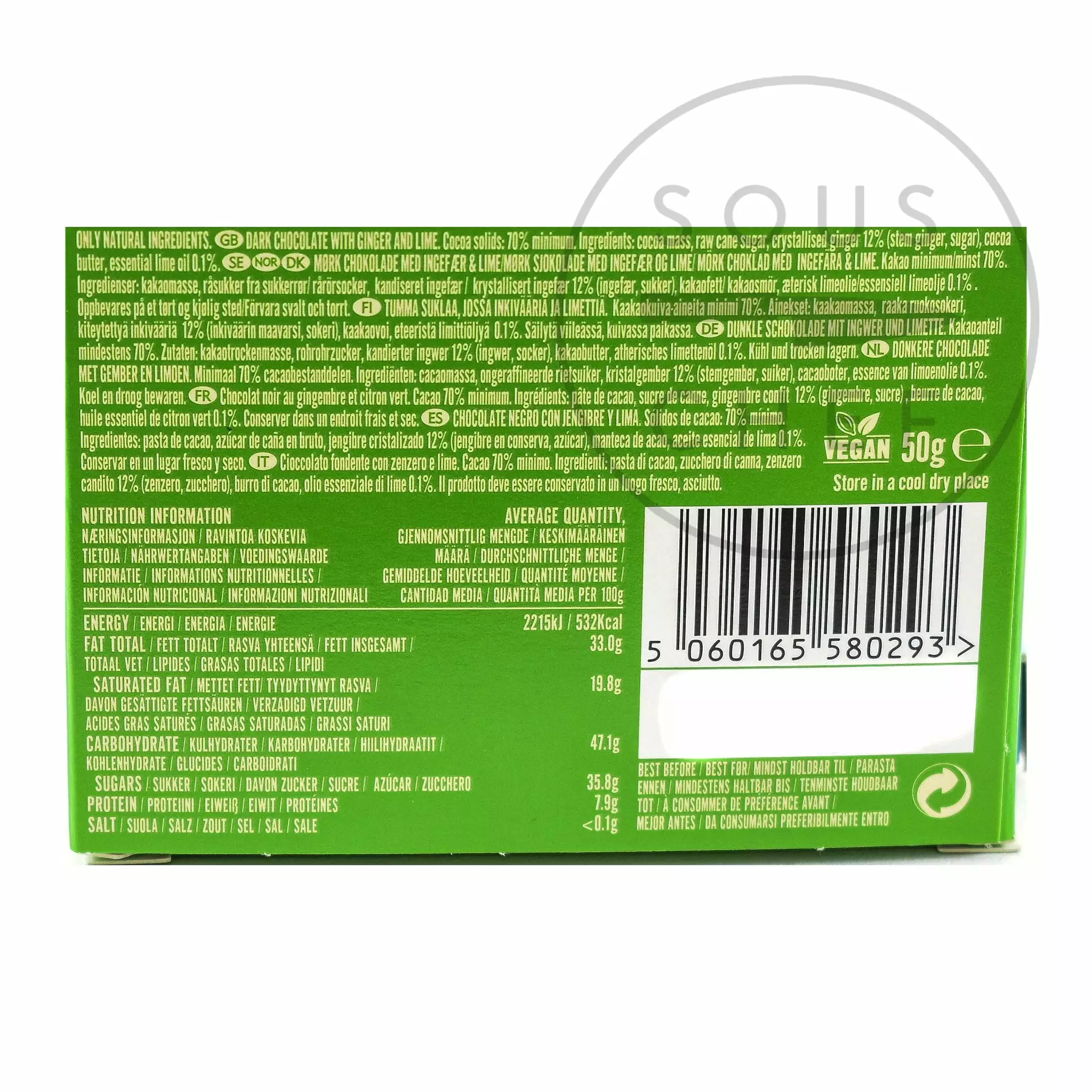 Ingredients Willie's Cacao Ginger Lime Dark Chocolate 50g 4 Ingredients Willie's Cacao Ginger Lime Dark Chocolate 50g