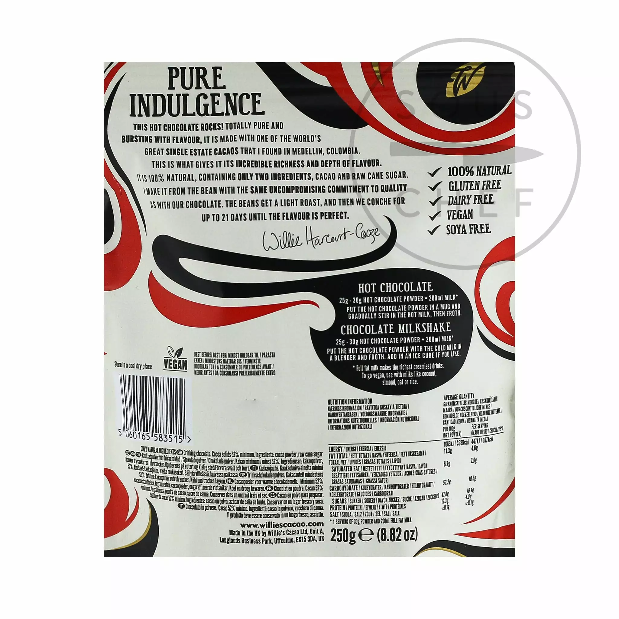Willie's Cacao Single Estate 52% Hot Chocolate 250g Ingredients 4 Willie's Cacao Single Estate 52% Hot Chocolate 250g Ingredients