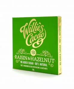 Ingredients Willie's Cacao Raisin & Hazelnut 100% Dark Chocolate 50g
