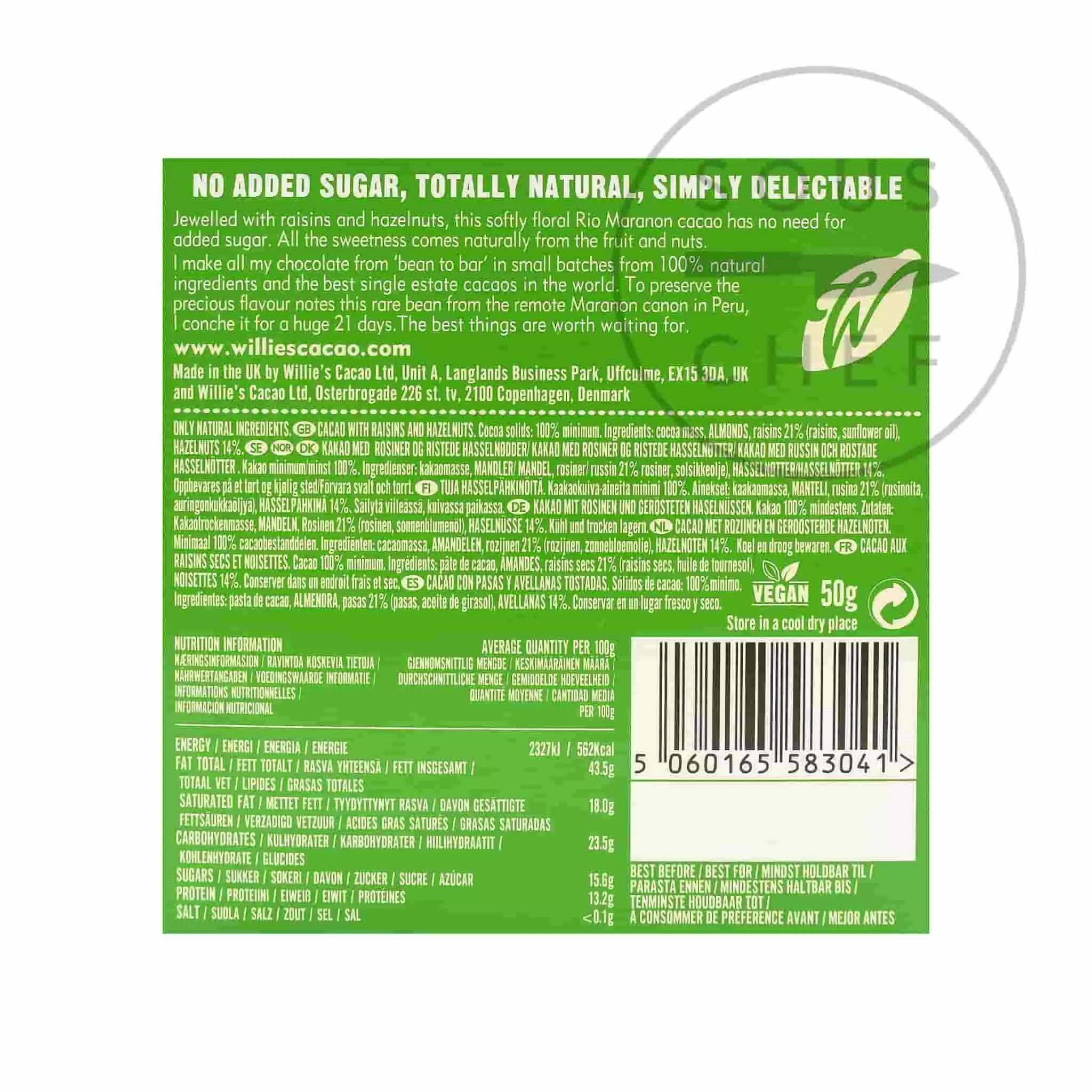 Ingredients Willie's Cacao Raisin & Hazelnut 100% Dark Chocolate 50g 4 Ingredients Willie's Cacao Raisin & Hazelnut 100% Dark Chocolate 50g