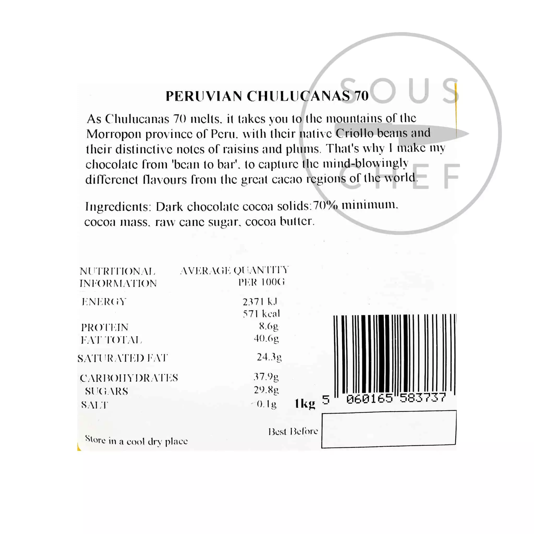 Willie's Cacao Chulucanas 70% Peruvian Chef's Drops 1kg Ingredients 4 Willie's Cacao Chulucanas 70% Peruvian Chef's Drops 1kg Ingredients