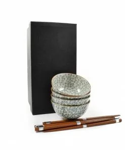 Kiji Stoneware & Ceramics Blue & White Flower Rice Bowl Set With Chopsticks
