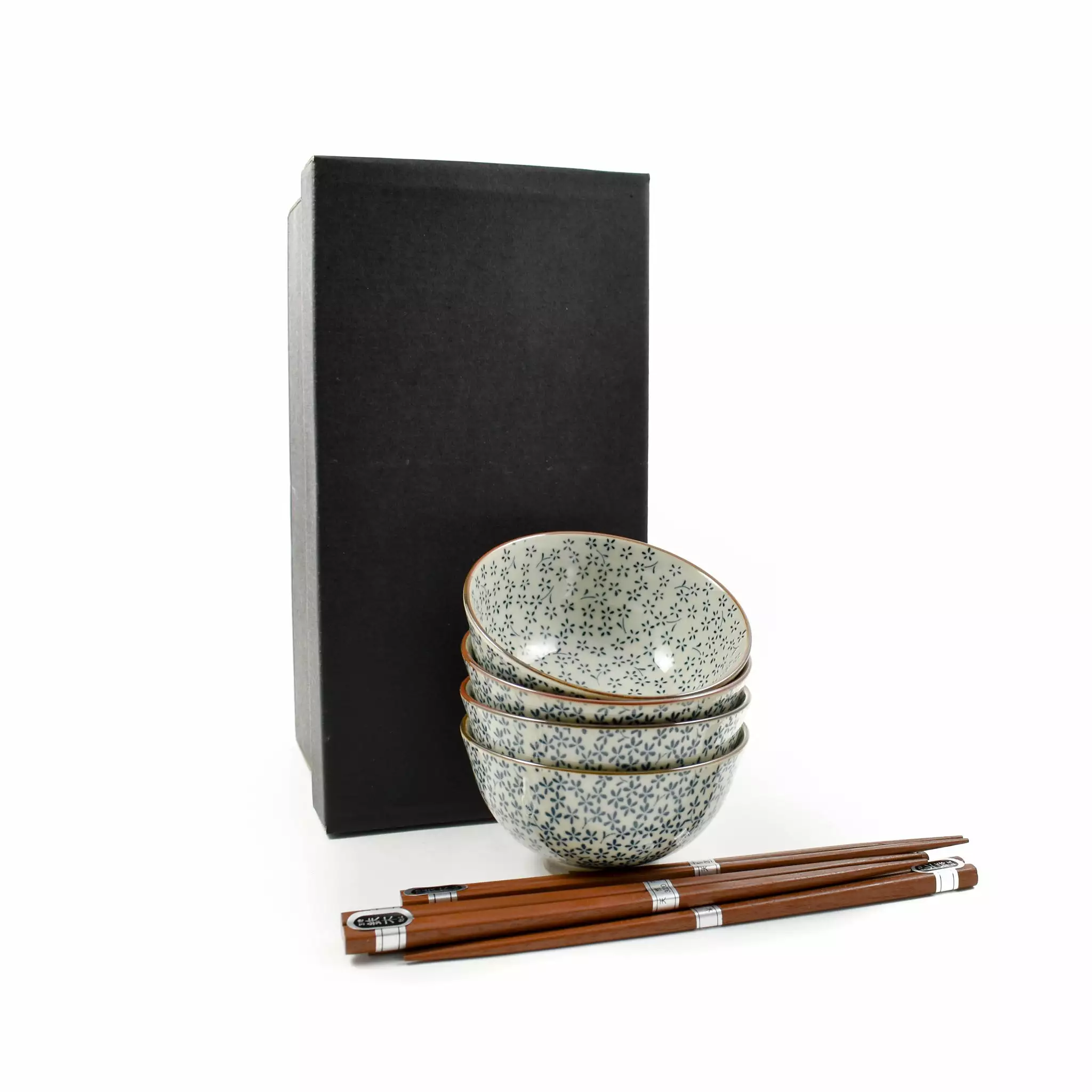 Kiji Stoneware & Ceramics Blue & White Flower Rice Bowl Set With Chopsticks 4 Kiji Stoneware & Ceramics Blue & White Flower Rice Bowl Set With Chopsticks